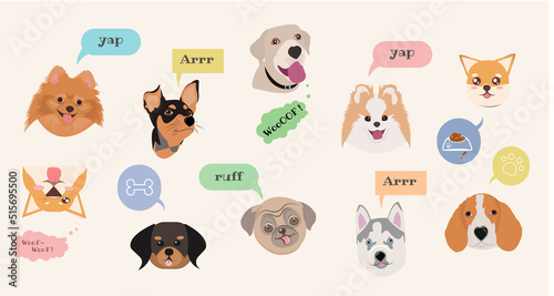 Fototapeta Naklejka Na Ścianę i Meble -  dog set head . Dogs pets character. Labrador dog, golden retriever and husky. Cartoon vector isolated illustration set