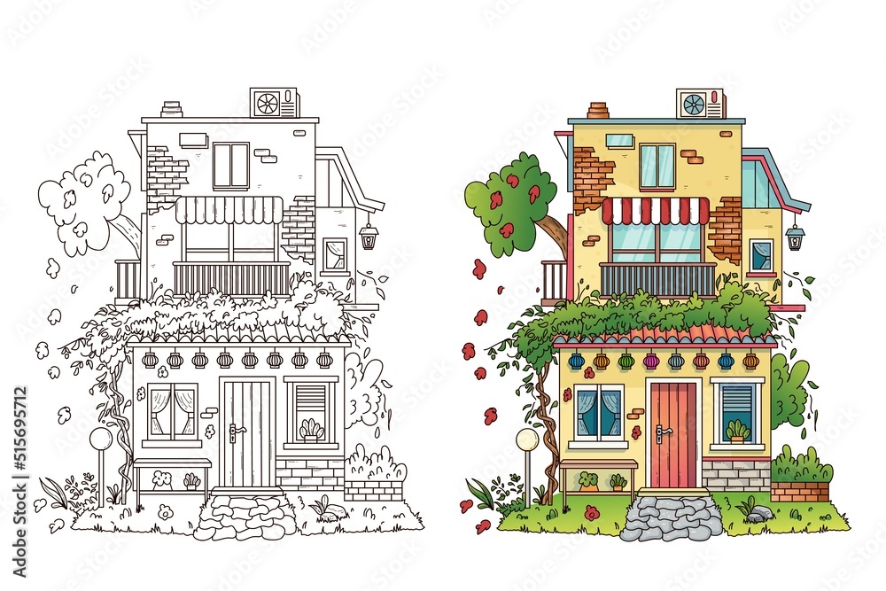 beautiful house illustration design with black outline.