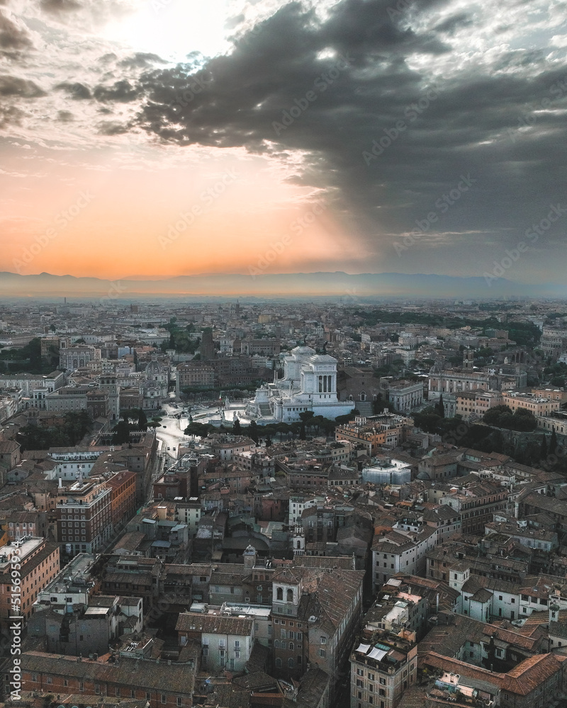 Rome by drone with city view during dramatic sky