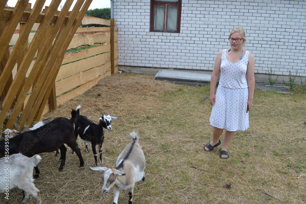 Beautiful young girl with goats in a pen on a farm Beautiful young girl with goats in a pen on a farm