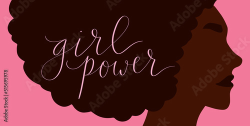African american woman with afro hair. Girl power handwritten lettering