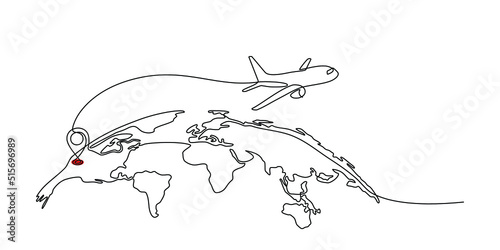 Continuous line drawing of airplane flight route and airport destination location. airplane path icon of airplane flight route with starting point location and world map in doodle style