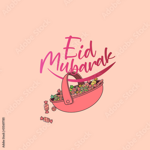 a pink basket full of colorful candies with a message 'Happy Feast' to celebrate Ramadan Feast or Feast of Sacrifice of Muslims