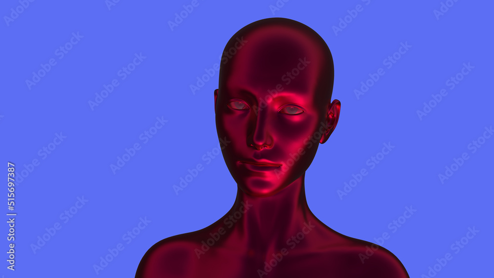 3D render portrait of a red bald woman on a blue background. 3D render portrait of a red bald woman on a blue background.