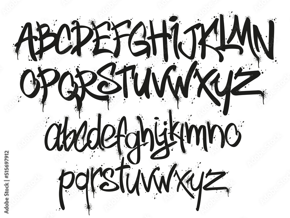 Graffiti tags marker font. Street art lettering designer, urban typography letters and alphabet with tag marker splatter vector set - obrazy, fototapety, plakaty 