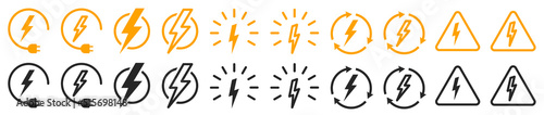 Set of lightning bolt icons. Electricity and voltage signs. Electric power logo, energy symbol. Flash symbol. Thunder bolt. Vector illustration.