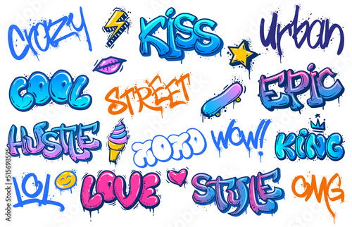 Street art lettering. Crazy urban graffiti, streets culture spray inscription and cool teenage wall scribble vector set