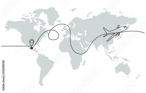 Continuous line drawing of airplane flight route and airport destination location. airplane path icon of airplane flight route with starting point location and world map in doodle style