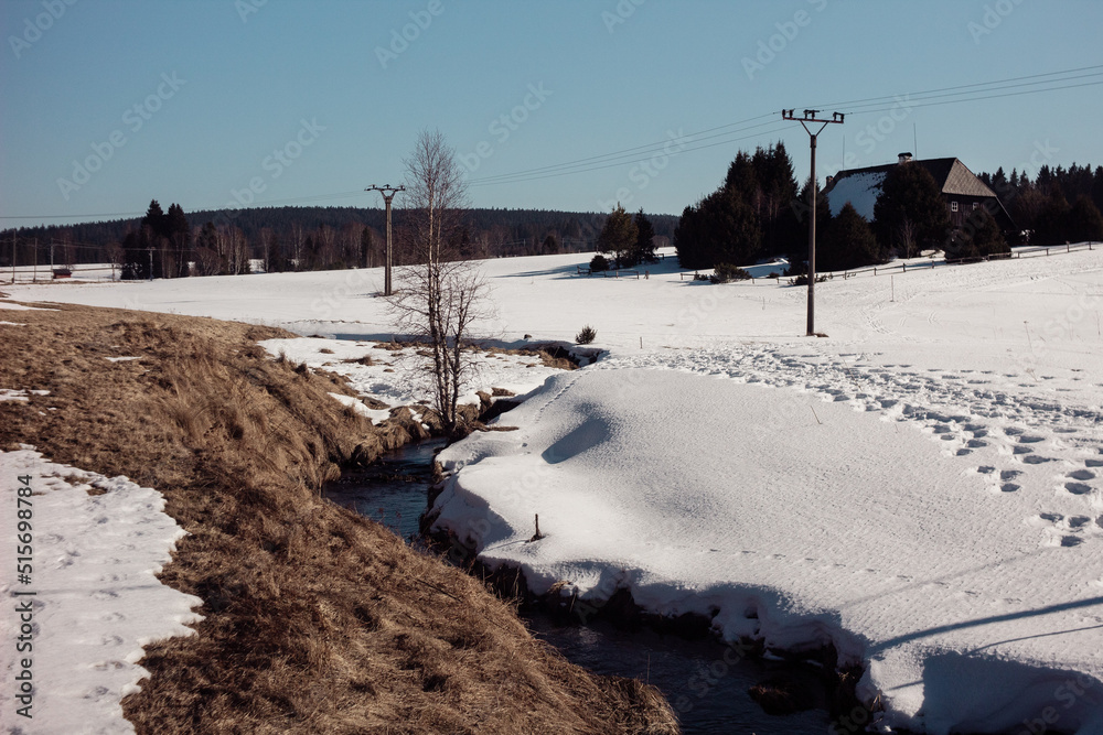 melting snow during first days of spring by the forest river melting snow during first days of spring by the forest river