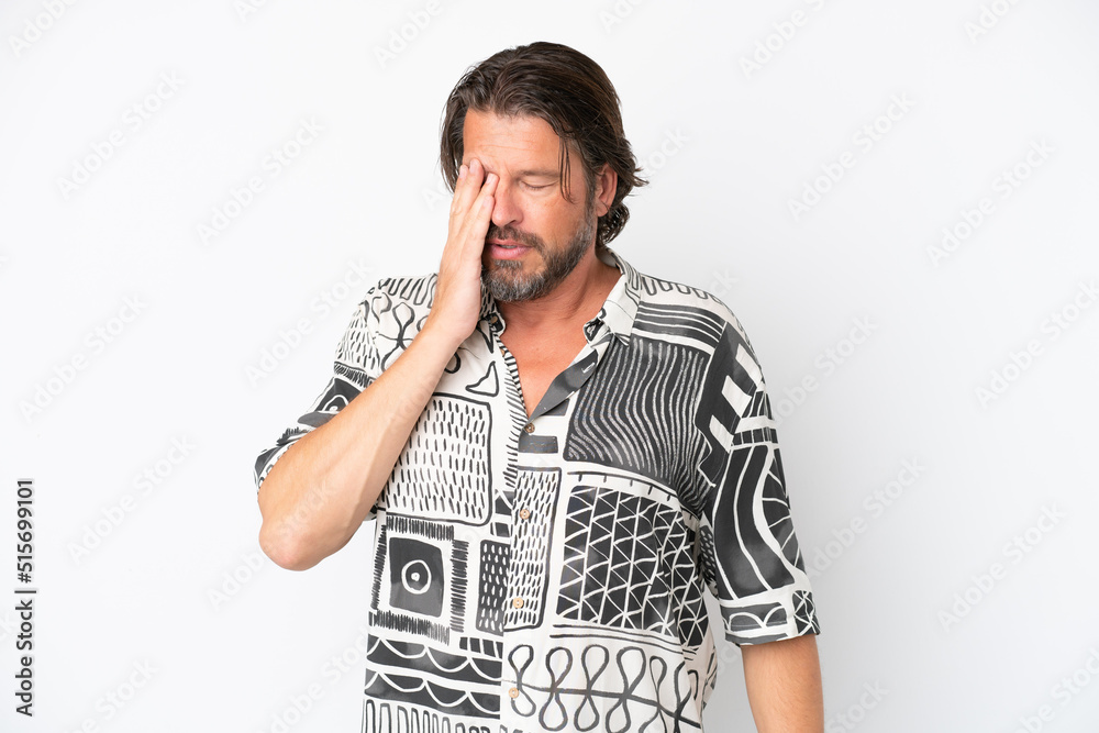 Senior dutch man isolated on white background with headache Senior dutch man isolated on white background with headache