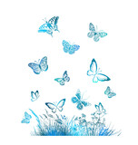 Abstract blue grass and flying butterflies. Vector illustration