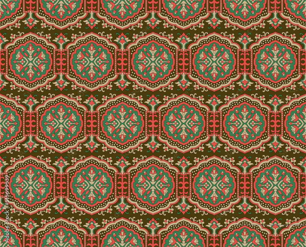 Luxurious carpet with ethnic ornaments in red and Burgundy shades and blue patterns and black zigzags on a white background
