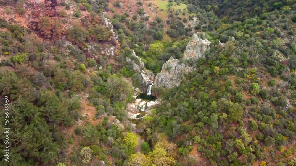 Beautiful waterfall in green forest, top view. Tropical in mountain jungle. Waterfall in the tropical forest. Big Waterfall in 4k. High quality 4k footage