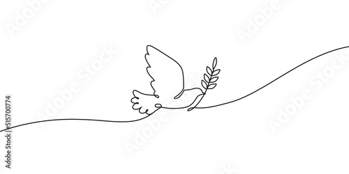 Dove with olive branch. Peace symbol, flying bird with outstretched wings continuous one line vector illustration