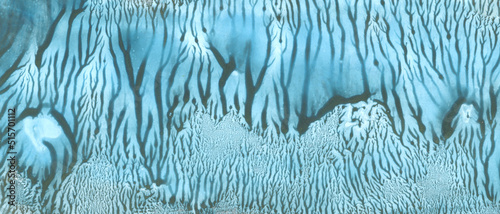 Abstract watercolor and acrylic flow blot smear painting. Blue Color canvas monotype texture horizontal long background.