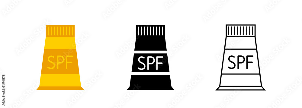 Spf Vector Sunscreen. Set of icons of a tube with cream and the inscription SPF ...