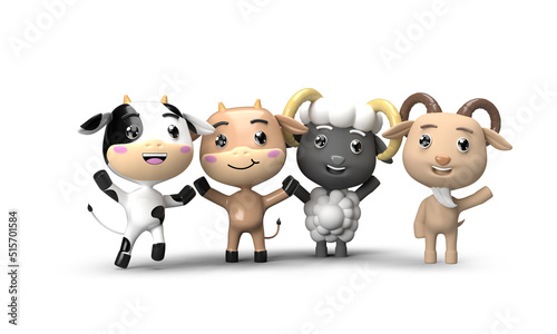 set of goat sheep and cow 3d rendering happy for eid adha character illustration