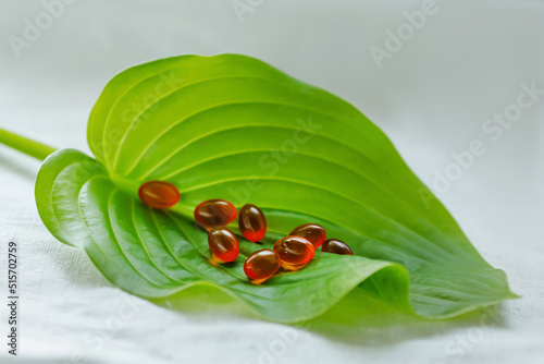 Group of omega 3 dietary supplement tablets from microalgae on a green organic leaf, homeopathy