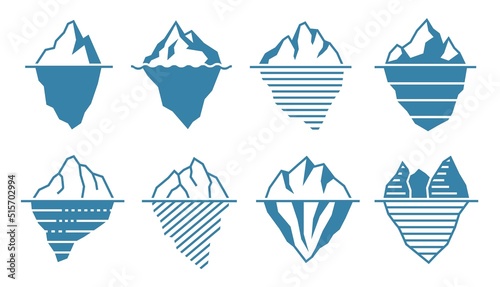 Flat iceberg. Floating acebergs with underwater part and tip, infographic template and arctic glacier vector illustration set