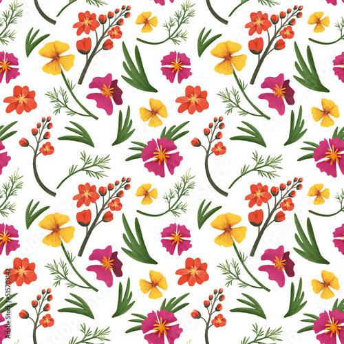 Summer colorful floral pattern with orange and pink flowers isolated on white. Botanical ornament template perfect for fabric, textile, apparel, paper