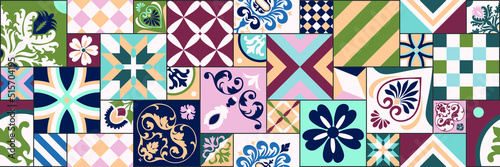 Vintage tiles intricate details for a decorative look. Ceramic paint floor, ornament Collection Patchwork Pattern Colorful  Illustration background Pattern. Geometric decoration for floor. 