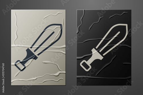 White Sword toy icon isolated on crumpled paper background. Paper art style. Vector