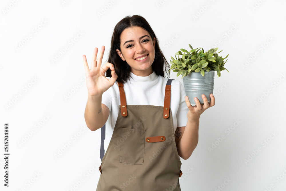 Young caucasian woman holding a plant isolated on white background showing ok sign with fingers Young caucasian woman holding a plant isolated on white background showing ok sign with fingers