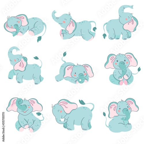 Cute baby elephants. Newborn animal, elephant in different poses, zoo mascot vector illustration set