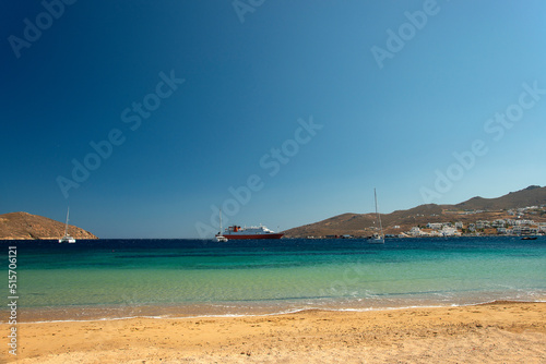 Livadi beach with view over port on Serifos island in Greece