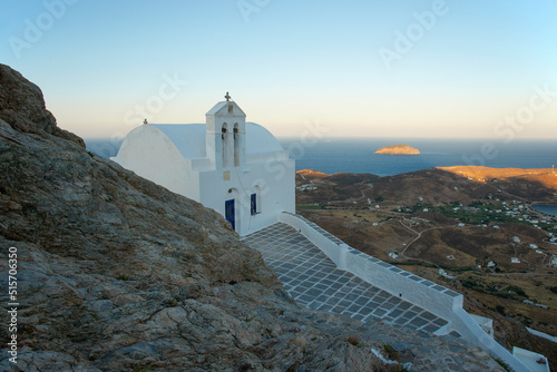 Traditional style white church on the top of the hill in Chora town on Serifos island in Greece