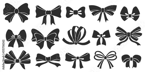 Ribbon bow icons. Stencil elegant knot, tie bows silhouette and ribbons for gift decorating vector set