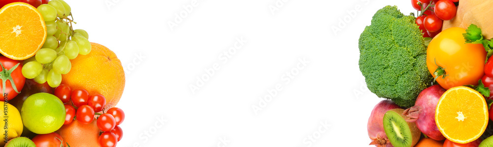 Сollage of fresh fruits and vegetables for layout isolated on white .Wide photo. Place for your text.