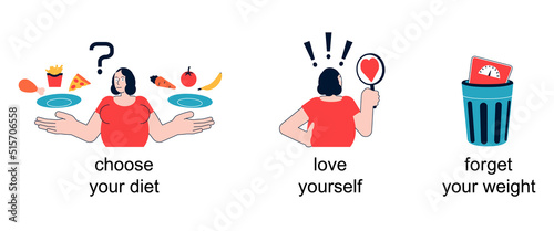Set of conceptual illustrations about excess weight. An overweight woman tries to love her body and forget about her weight. 