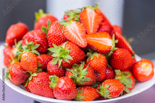 Fototapeta Naklejka Na Ścianę i Meble -  Fresh ripe delicious strawberries in bowl - healthy food and vegetarian