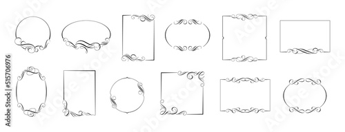 Calligraphic frames. Retro borders with pointed pen swashes and swirls  ornamental badges template and old labels framing vector set