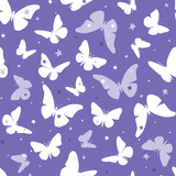 Seamless pattern with silhouettes of butterflies against the starry sky. Vector graphics.