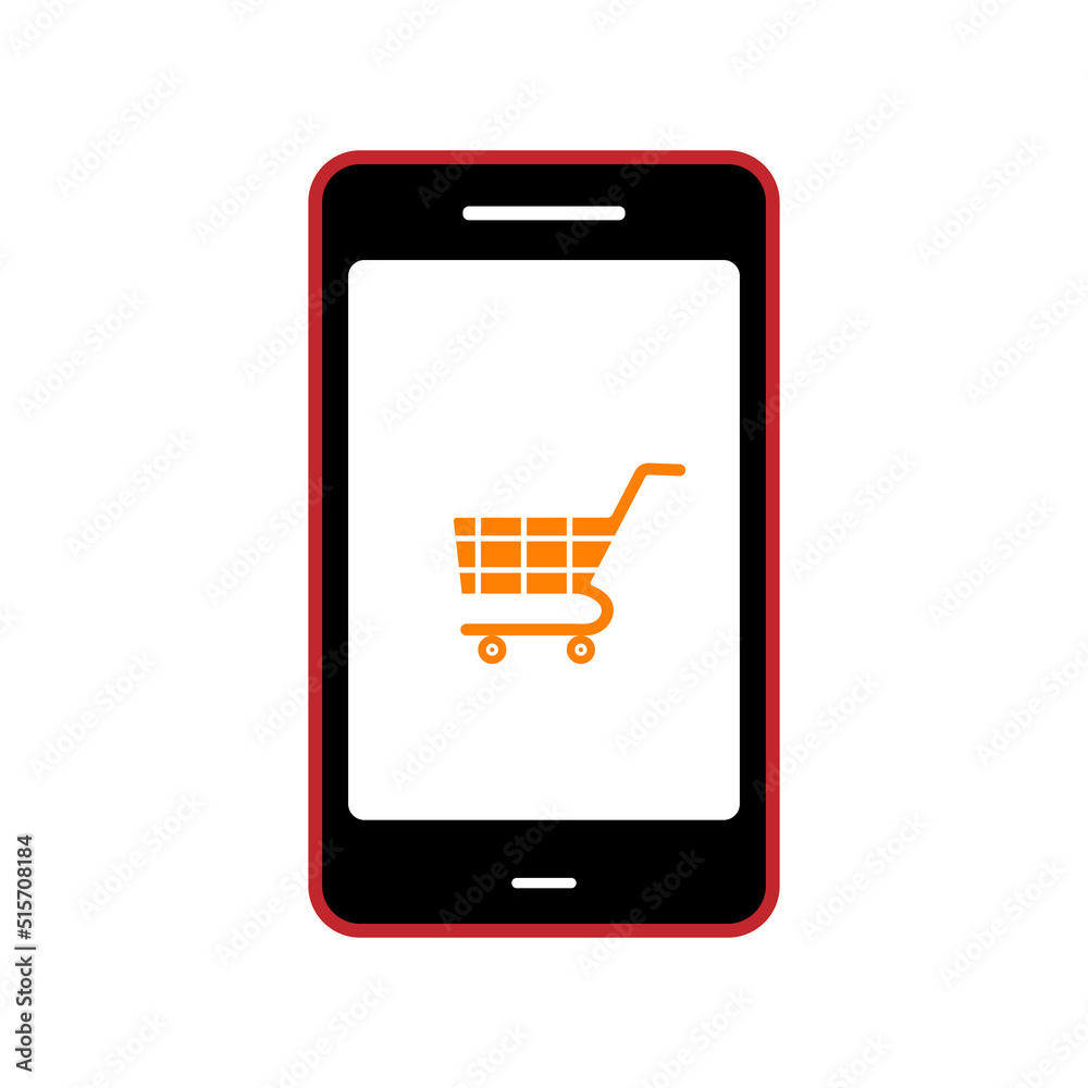 A smartphone with a shopping cart on the screen. The topic of online shopping. A smartphone with a shopping cart on the screen. The topic of online shopping.