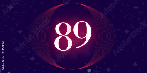 Number 89. Banner with the number eighty nine se on a blue background and blue and purple details with a circle purple in the middle photo