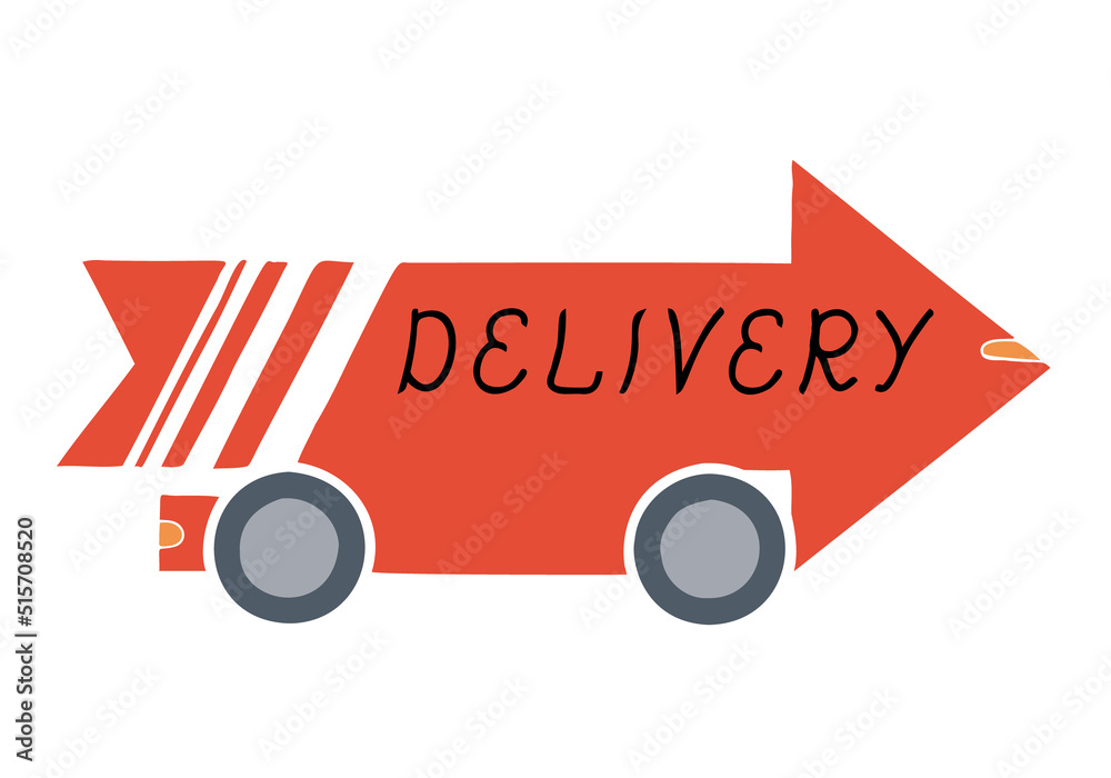 Arrow truck with the word Delivery in doodle style. Hand Drawn. Freehand drawing. Sketch.	