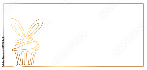 Continuous one line golden frame with Christmas or Easter cake, muffin, cupcake with rabbit ears. Vector greeting card, background with outline Chinese New Year symbol 2023 and copy space for text