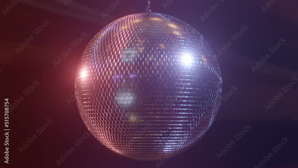 Rotating mirror disco ball in red and blue pulsing light, seamless loop in Prores 4K UHD