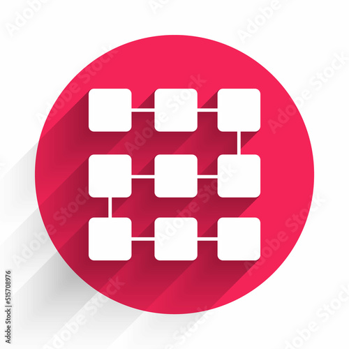 White NFT blockchain technology icon isolated with long shadow background. Non fungible token. Digital crypto art concept. Red circle button. Vector