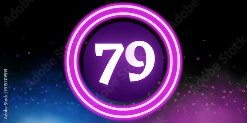 Number 79. Banner with the number seventy nine on a black background and blue and purple details with a circle purple in the middle photo