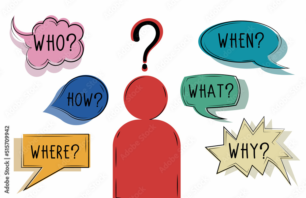 Vector isolated colourful speech bubble with text who what where when