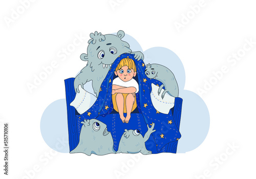 The boy hid under the blanket from night monsters. Nightmares. Funny cartoon characters. Vector illustration.