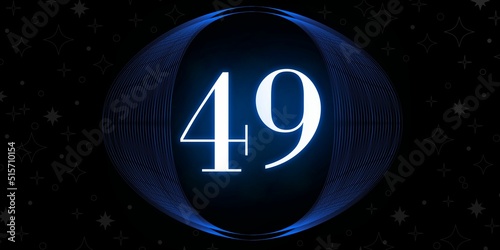 Number 49. Banner with the number forty nine on a black background and white stars with a circle blue in the middle photo