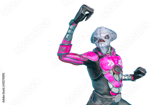 official alien on a sci-fi outfit doing a fighter pose in a white background © DM7