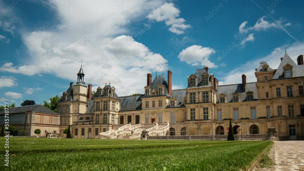 castle Fontainbleau timelapse hyperlapse fromt view with entrance. Beautiful Medieval landmark. 