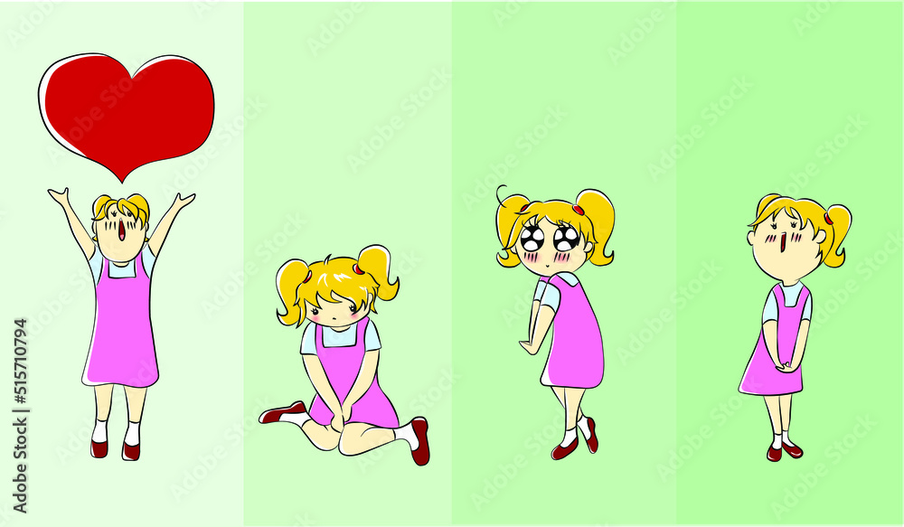A girl cartoon character - love, sad, excited, happy A girl cartoon character - love, sad, excited, happy
