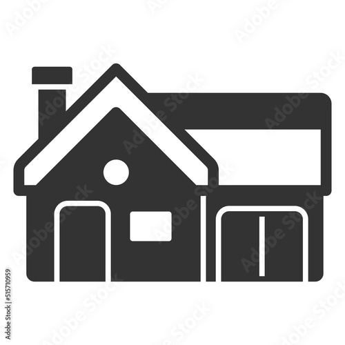 One-story house with stove heating and an attached garage - vector sign, web icon, illustration on a white background, outline style
